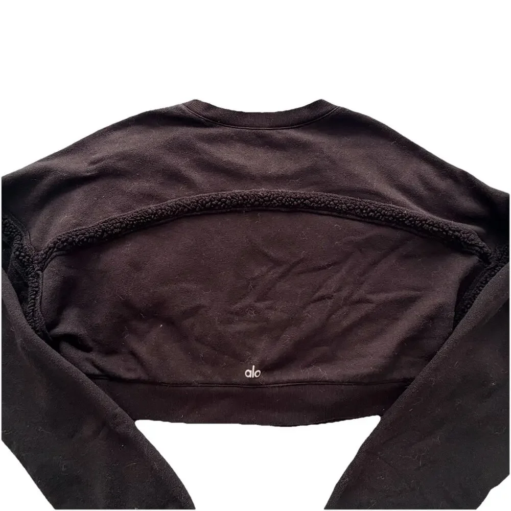 ALO Yoga Womens Black Cropped Textured Seamed Logo Sweatshirt M Athleisure